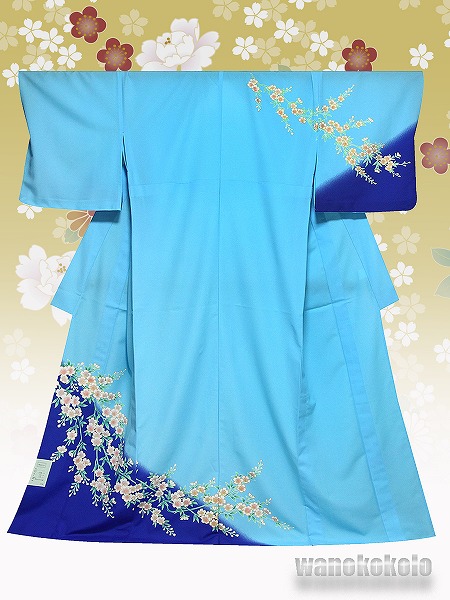 洗える着物 国産単衣附下　フリーサイズ　ブルー系/桜柄 HTK-324